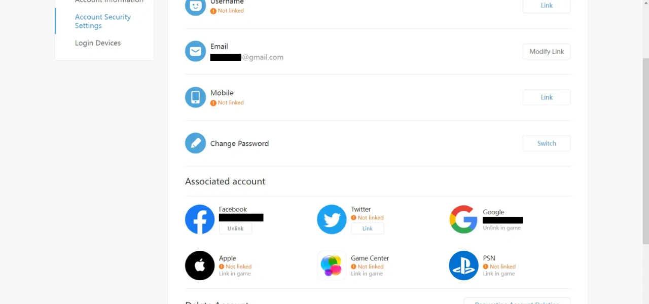 HoYoverse Account Security page listing linked email, phone and third-party logins