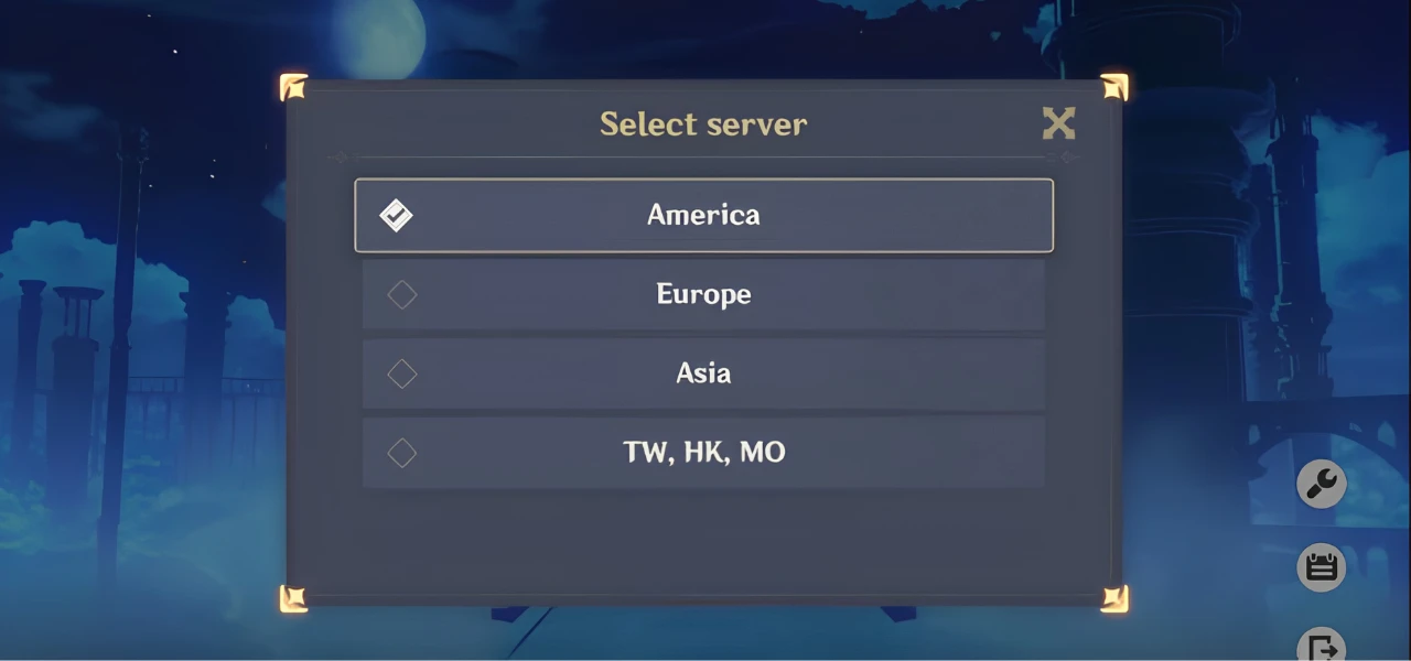 Genshin Impact login page with the server selector open