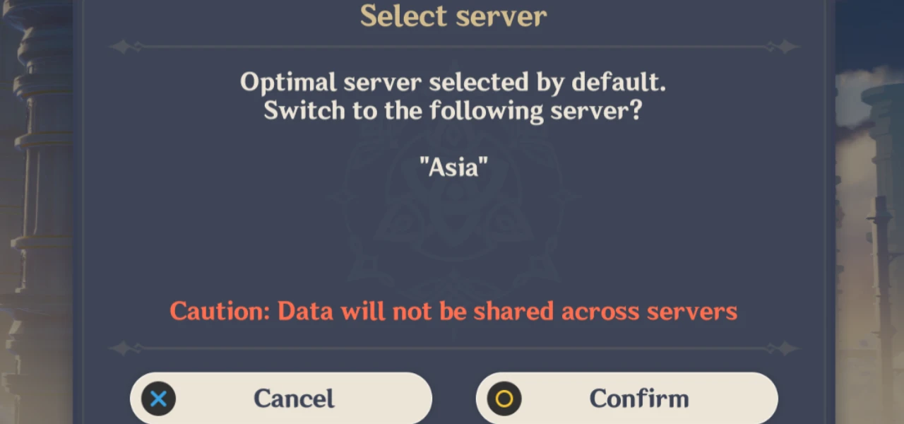 Genshin Impact login screen with the server menu open listing the four regions