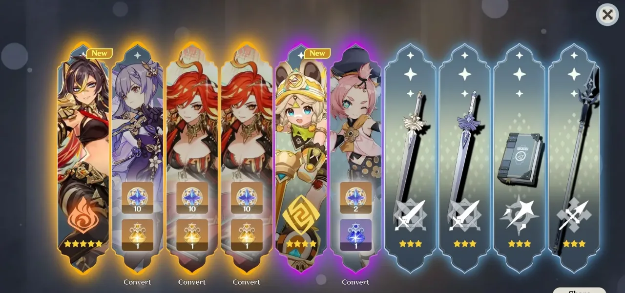 Genshin Impact Wish results screen showing ten pulls with one 5-star result