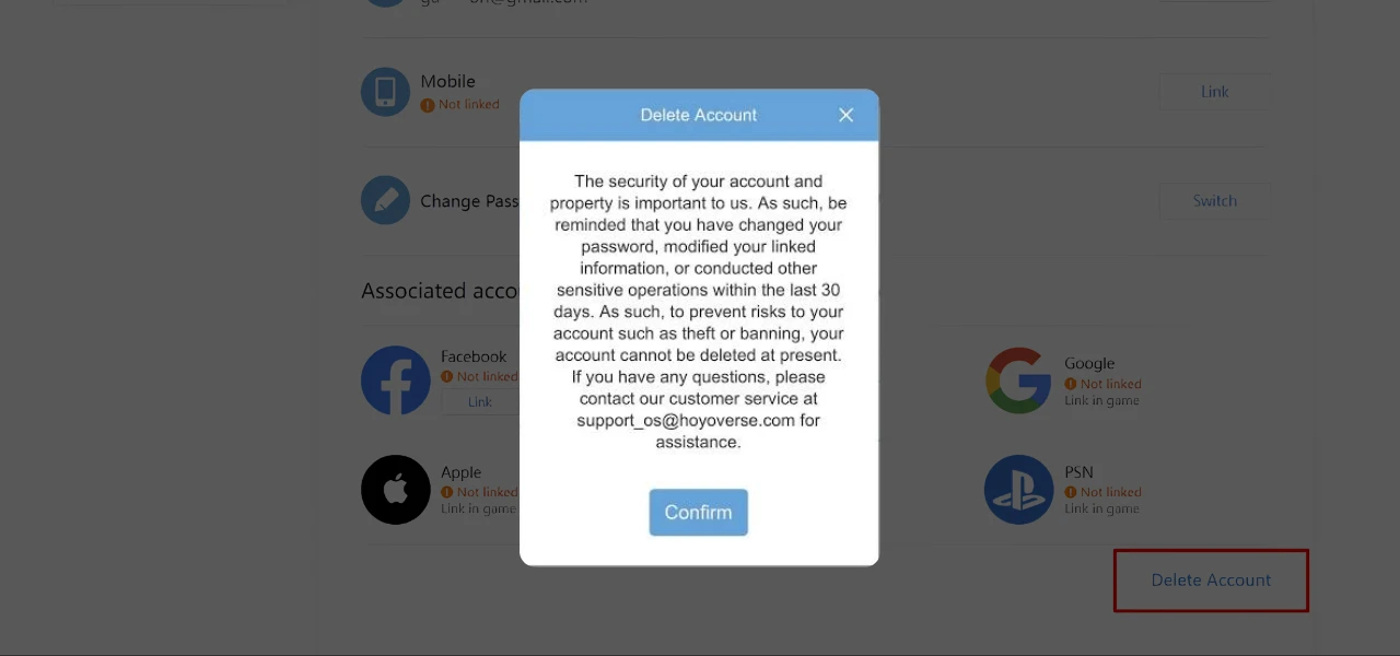 HoYoverse Account Center identity verification step of the account deletion request