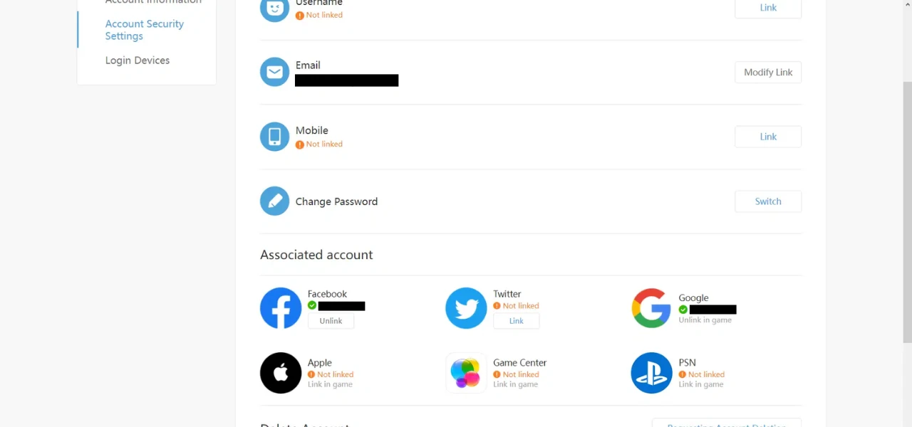 HoYoverse Account Center Linked Accounts section listing console account entries