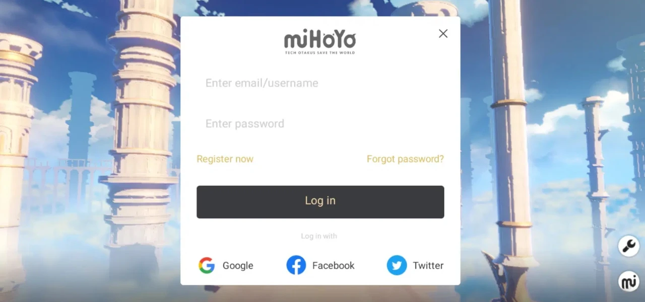 miHoYo account log-in box with email, password and social sign-in options over a Genshin Impact sky
