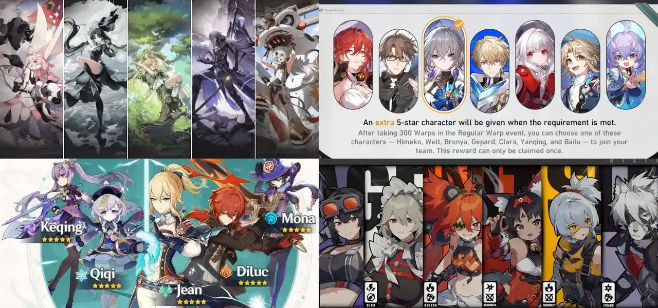 Table comparing starter banners, base rates and hard pity for four gacha games